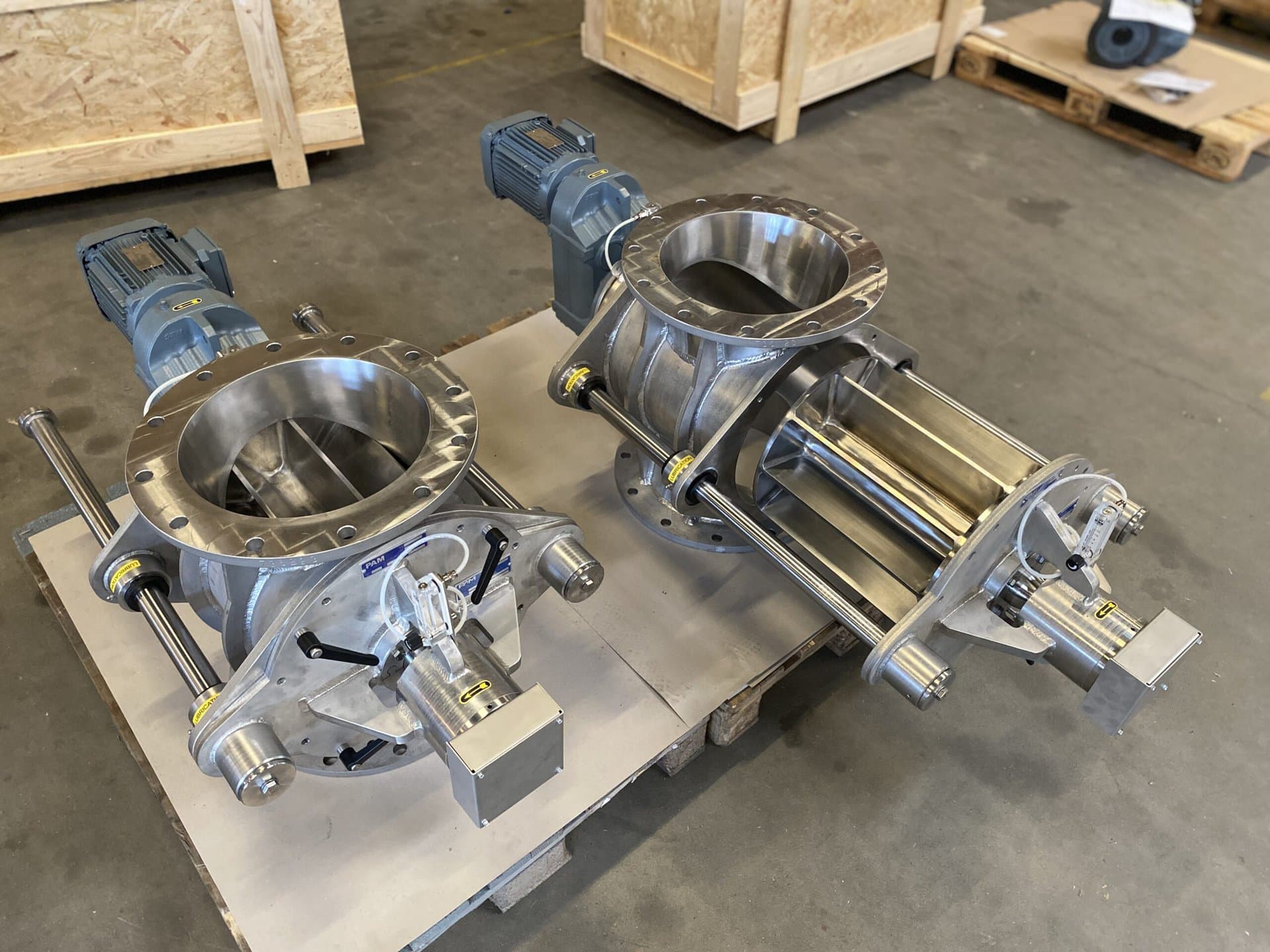 EasyClean rotary valves, ready to ship on a pallet.